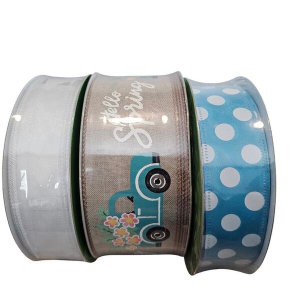 Members Mark Ribbon 50 Yards Wired Spring 1.5" 2.5" 3 Set Blue Truck Polka Dot - Picture 2 of 8